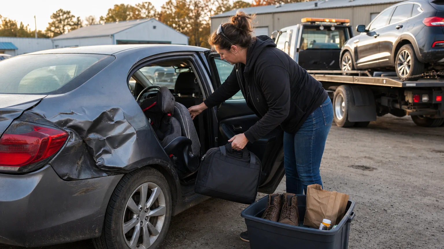 Vehicle owner retrieving a child seat, work bag and personal belongings from a damaged car at a Fort Wayne tow yard