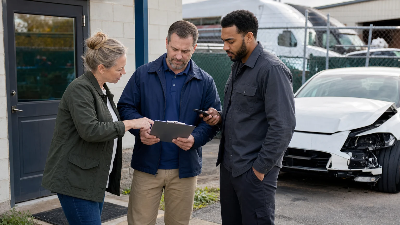 Vehicle owner, insurance adjuster and tow yard representative coordinating release of a damaged car in Fort Wayne