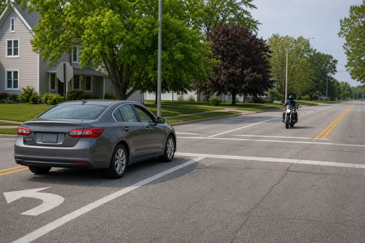 Car waiting to turn left as motorcycle approaches at Indiana intersection