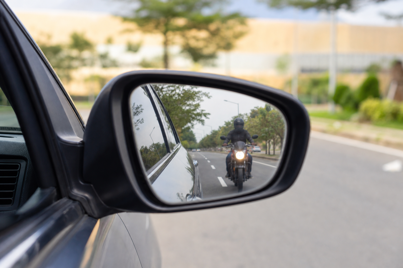 Motorcycle visible in car mirror showing driver lookout issue