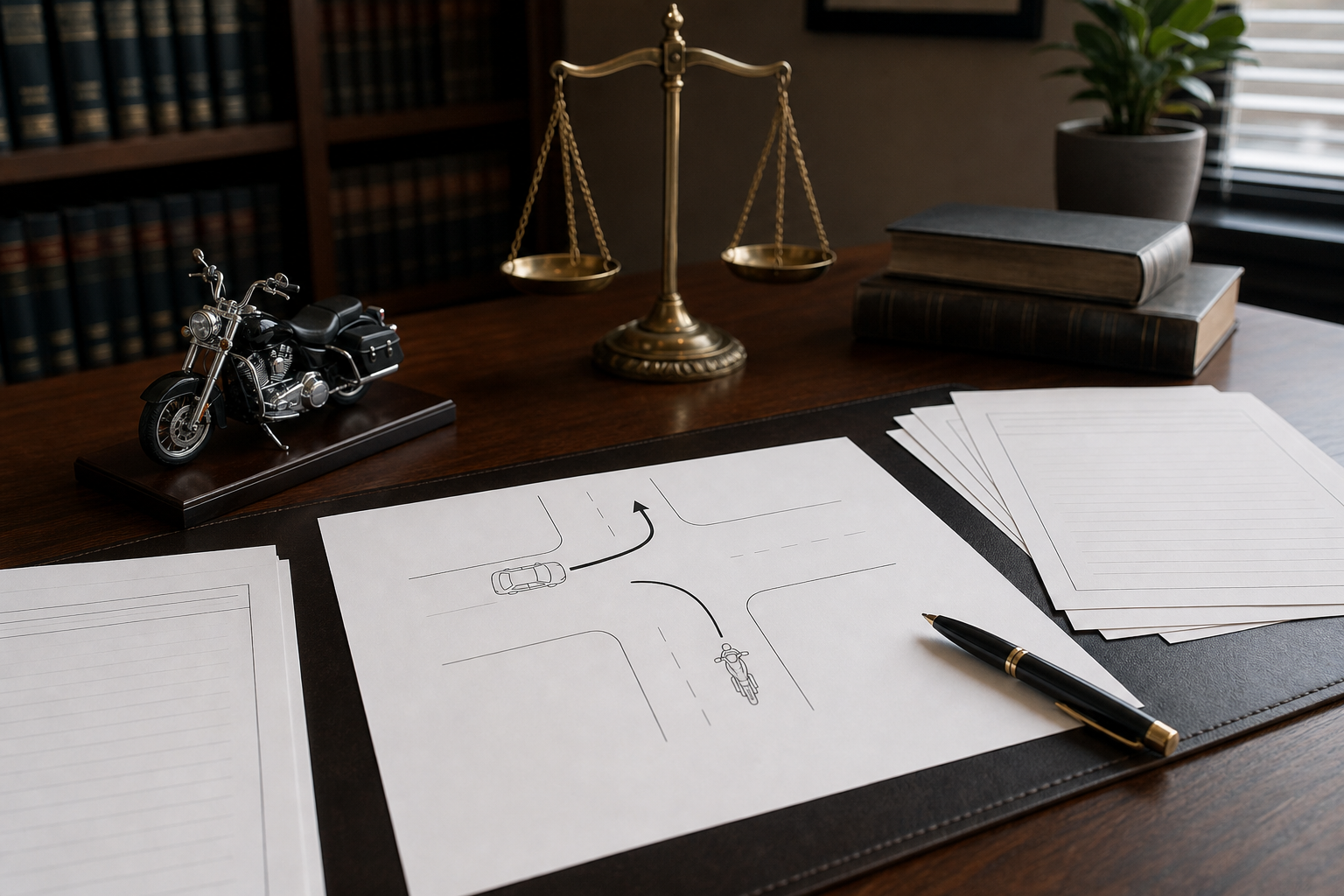 Attorney reviewing Indiana motorcycle failure-to-yield crash diagram