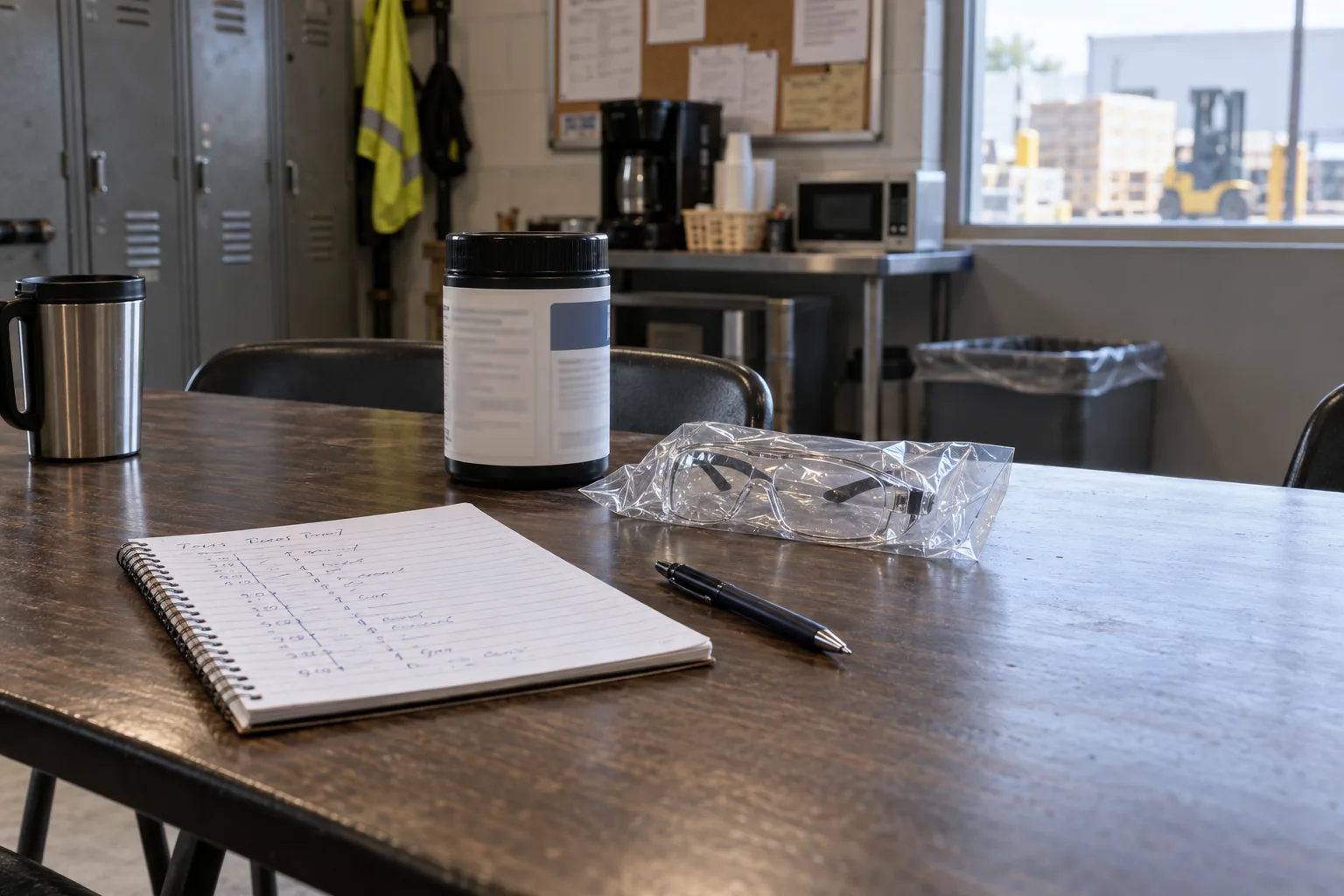 Workplace exposure notes beside safety glasses and a chemical product container