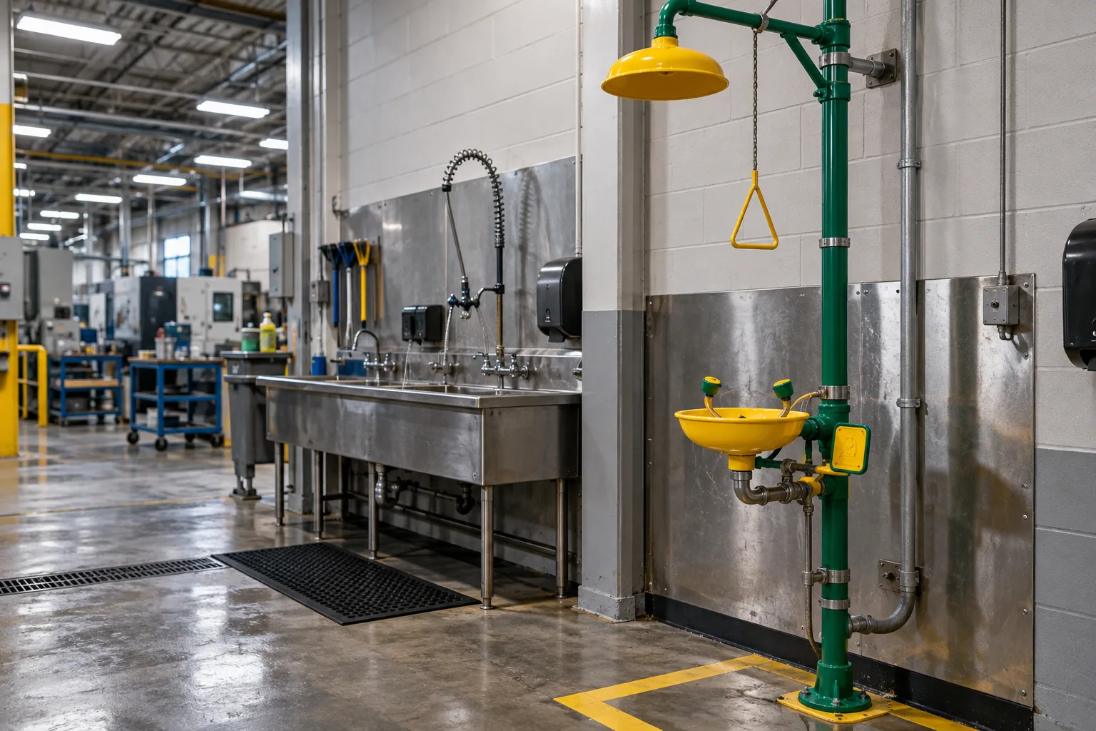 Emergency eyewash and safety shower in an Indiana workplace