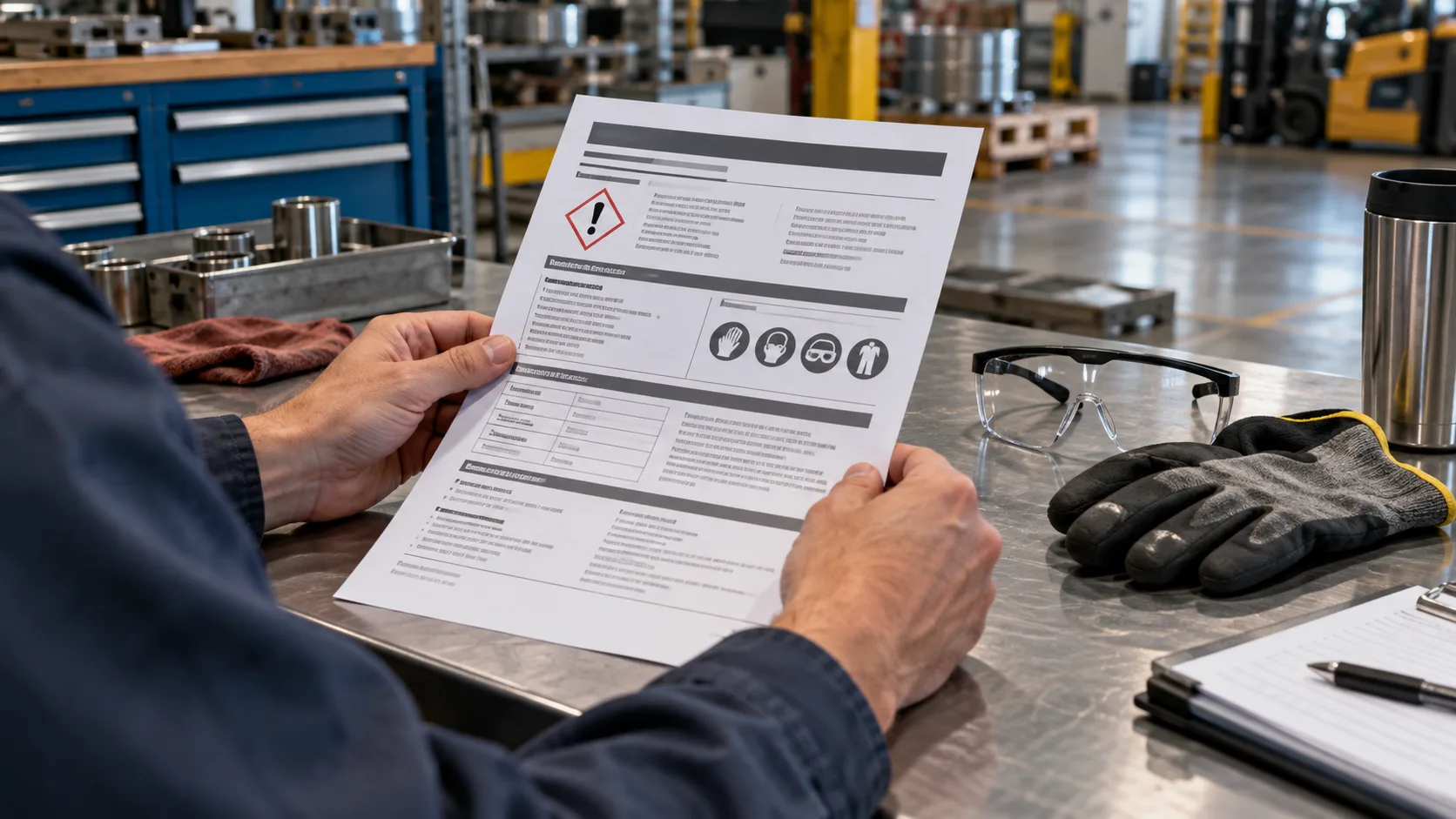 Worker reviewing a Safety Data Sheet at an industrial workstation
