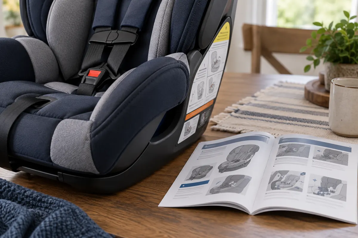 Child safety seat identification area and instruction booklet