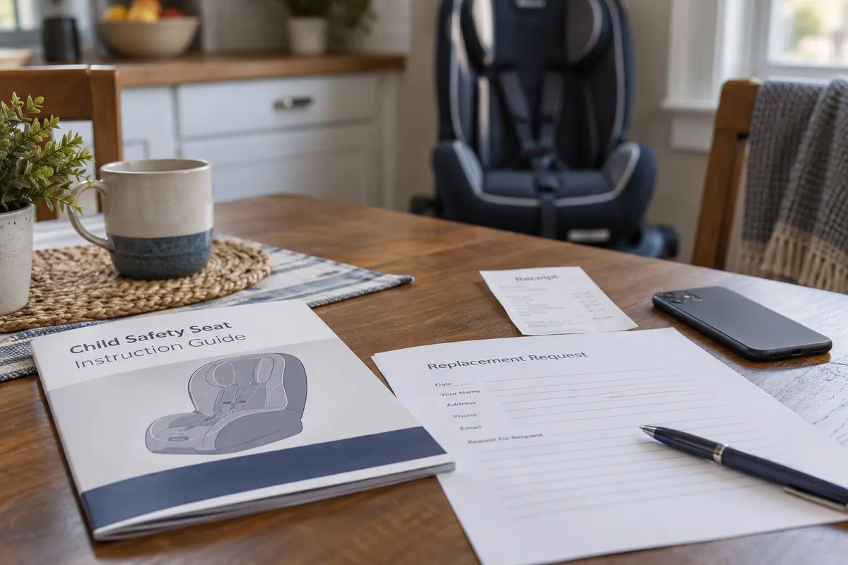 Seat manual, receipt, and replacement paperwork on a kitchen table