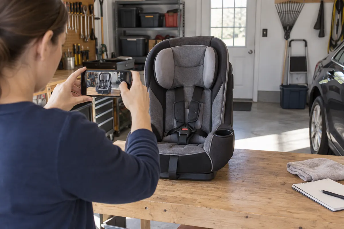 Parent photographing an empty child safety seat for documentation