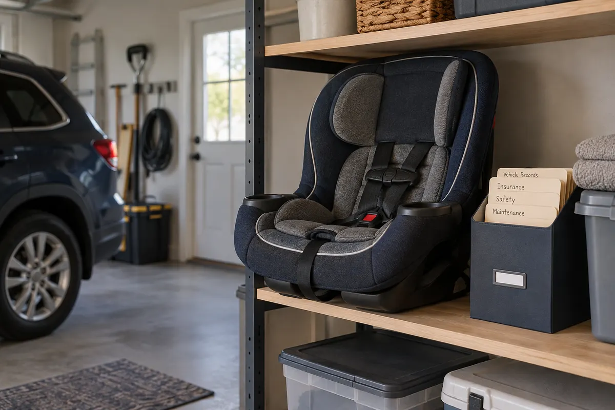 Old child safety seat set aside for documentation and inspection