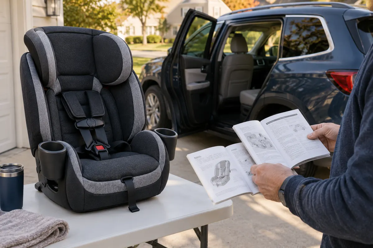New child restraint and manuals ready for installation planning