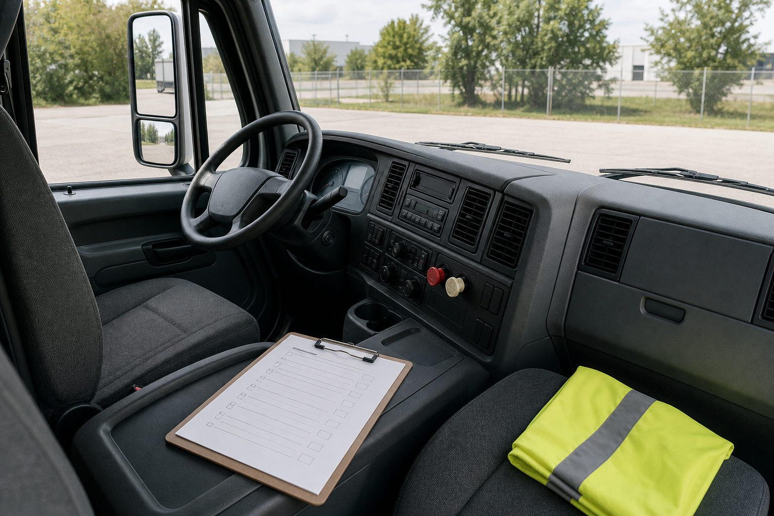 Truck cab with blank road test checklist for CDL safety qualification