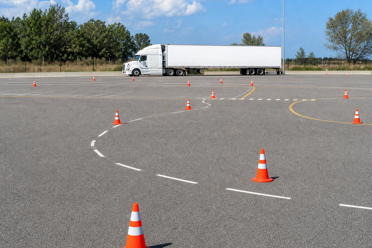 Commercial truck training lot with cones for CDL road testing and driver qualification