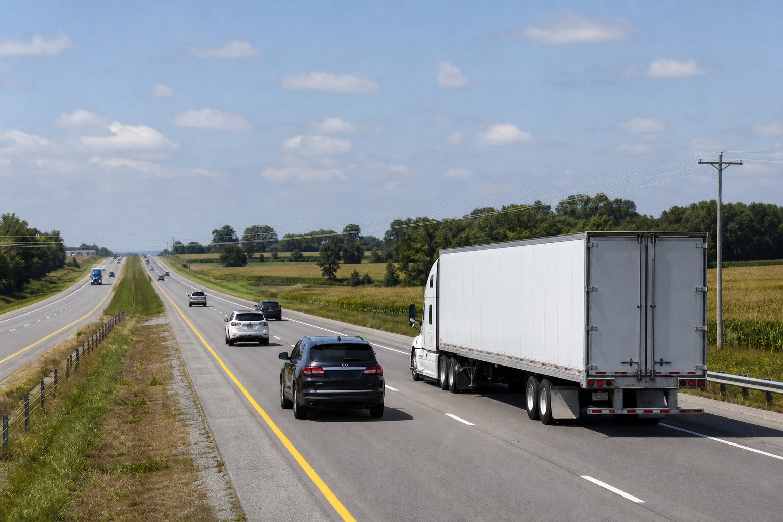 Semi-truck and passenger vehicles traveling on an Indiana highway for CDL safety article