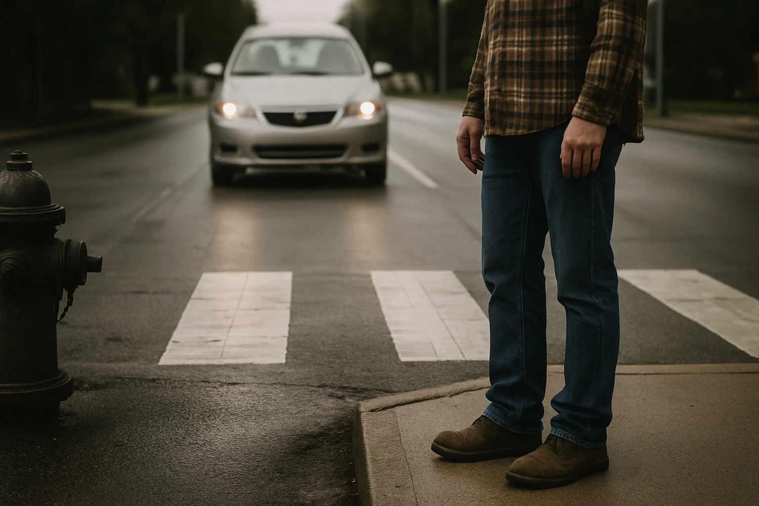 A pedestrian crosswalk on a Fort Wayne street at dusk with a vehicle approaching the line