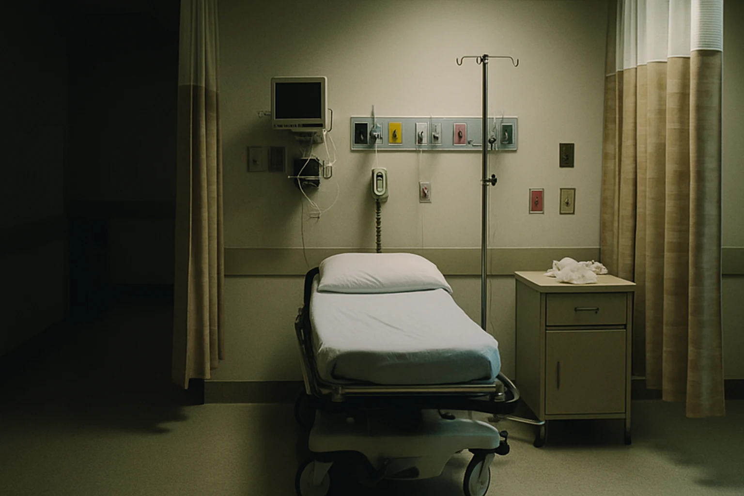 An emergency room bay at a Fort Wayne hospital with a stretcher and IV pole, after a pedestrian crash