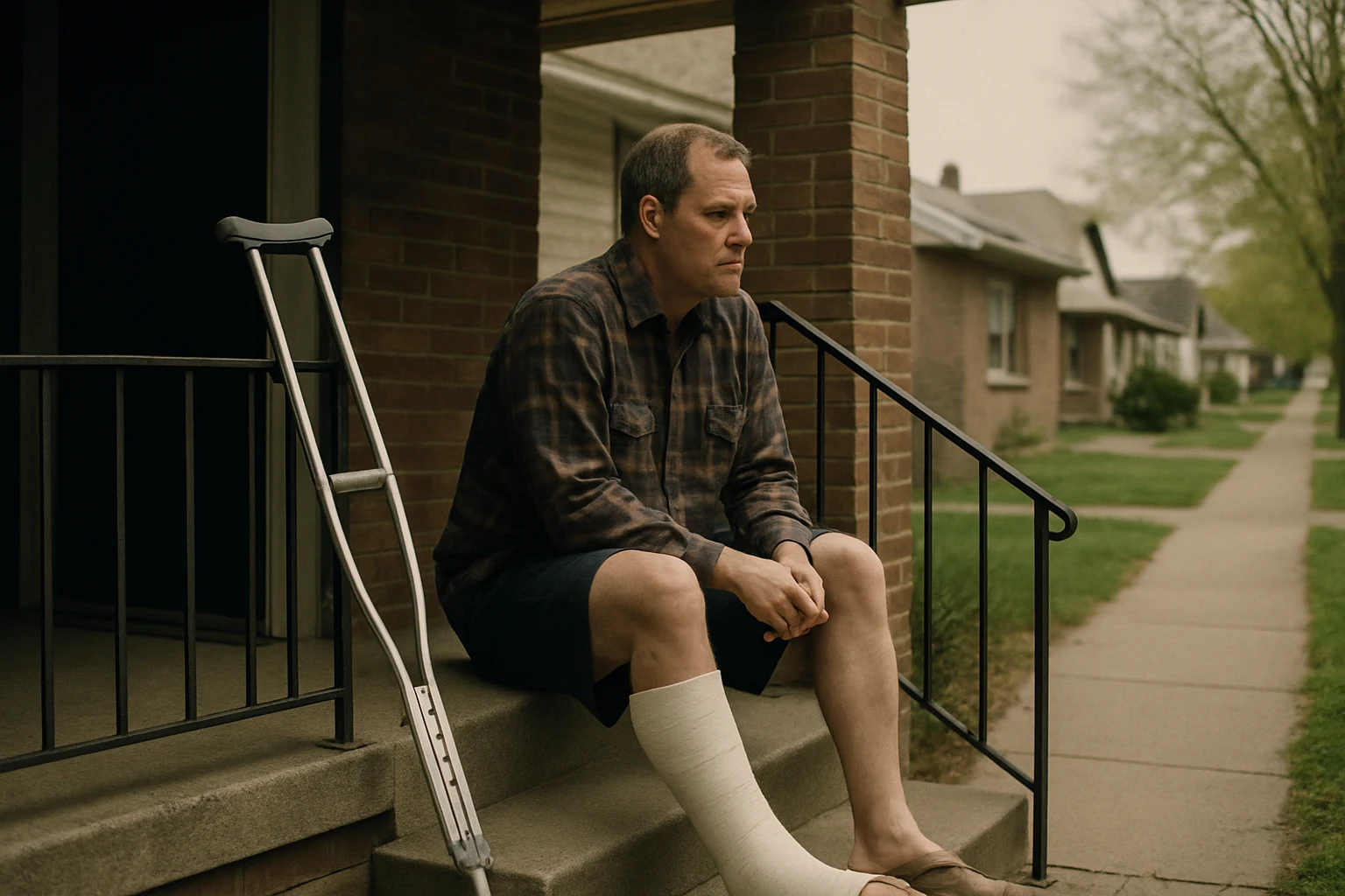 A pedestrian crash victim with a leg cast and crutches sitting on a Fort Wayne front porch