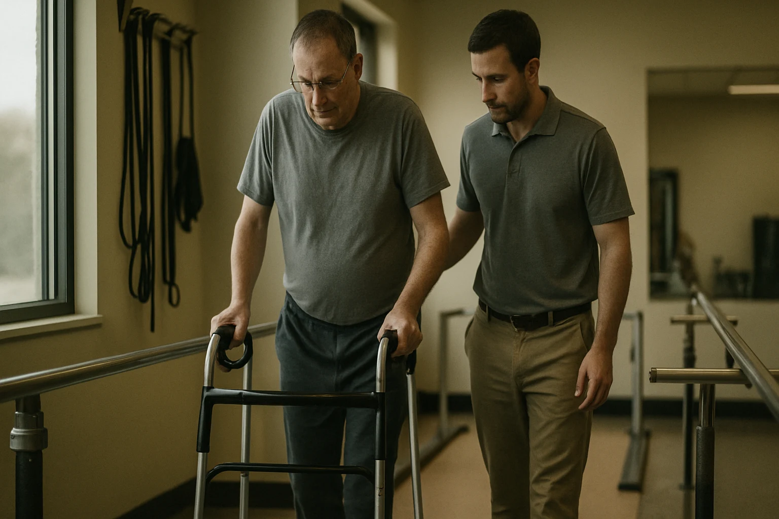 A pedestrian crash victim working on rehabilitation with a walker in a Fort Wayne physical therapy clinic