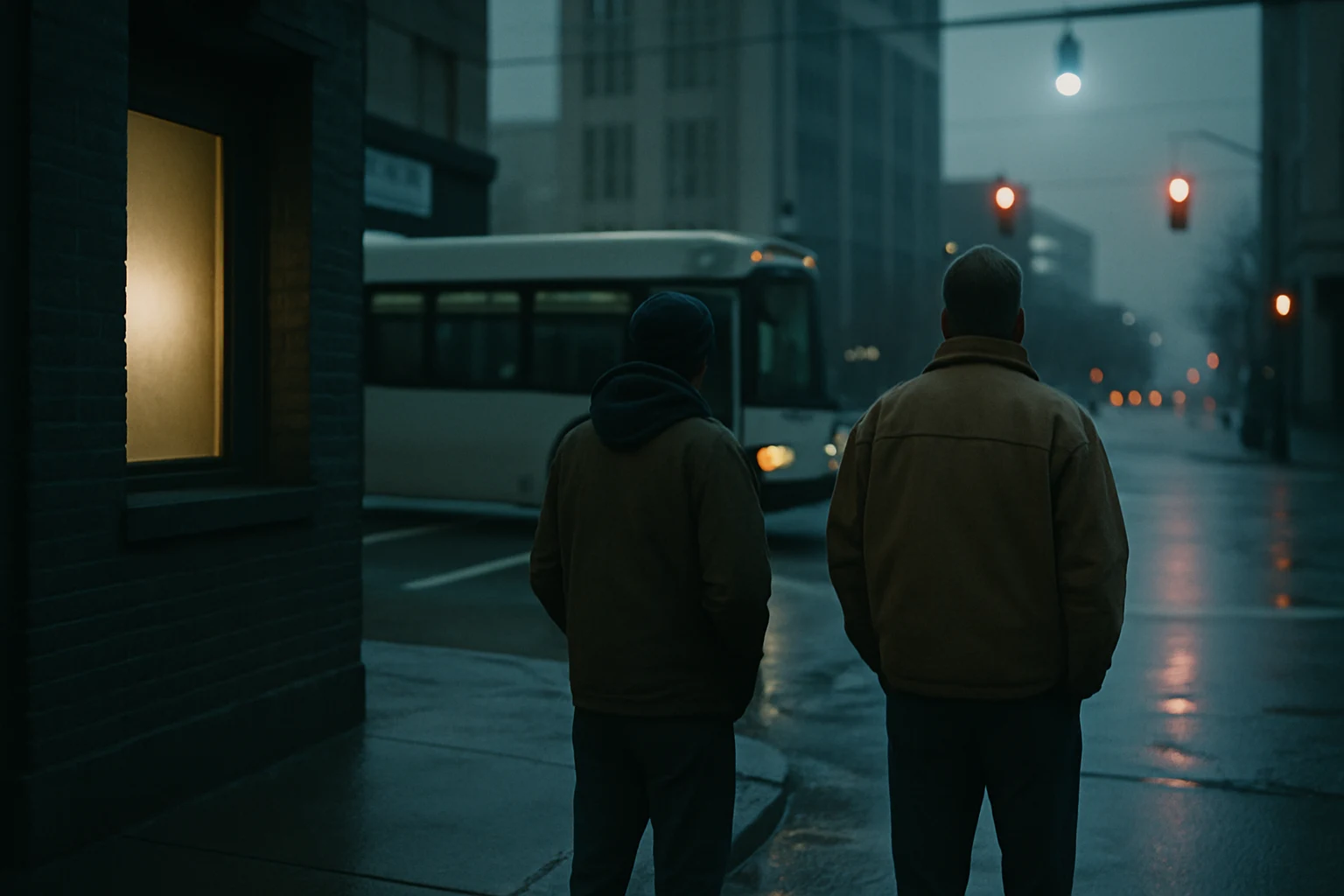 A downtown Fort Wayne intersection at dusk with pedestrians waiting at a corner