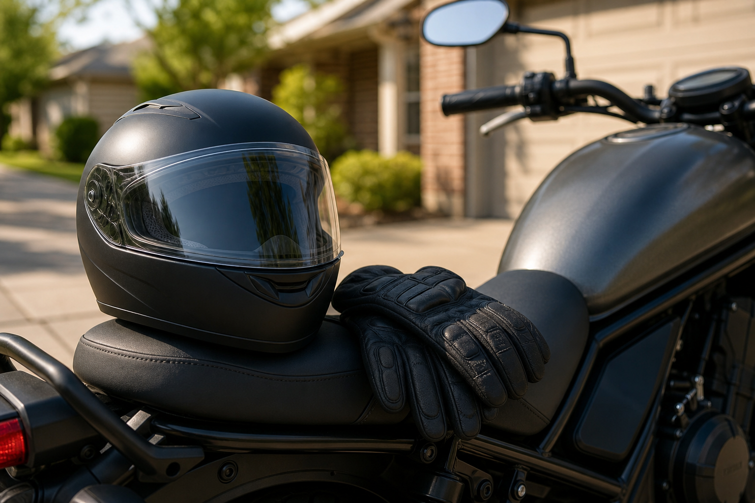 Motorcycle helmet and gloves on motorcycle seat in Indiana driveway