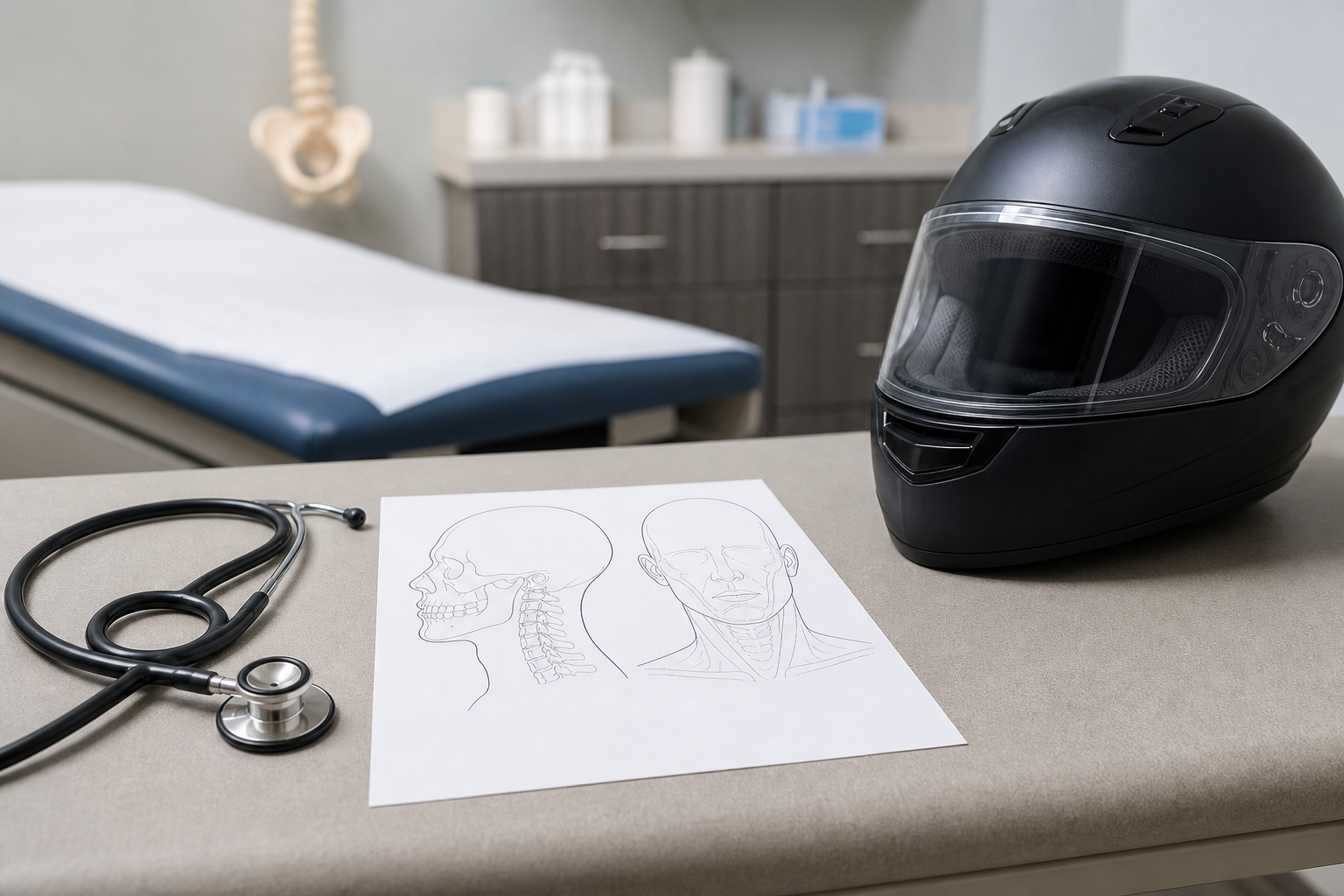 Blank head and neck medical diagram and motorcycle helmet in clinic exam room