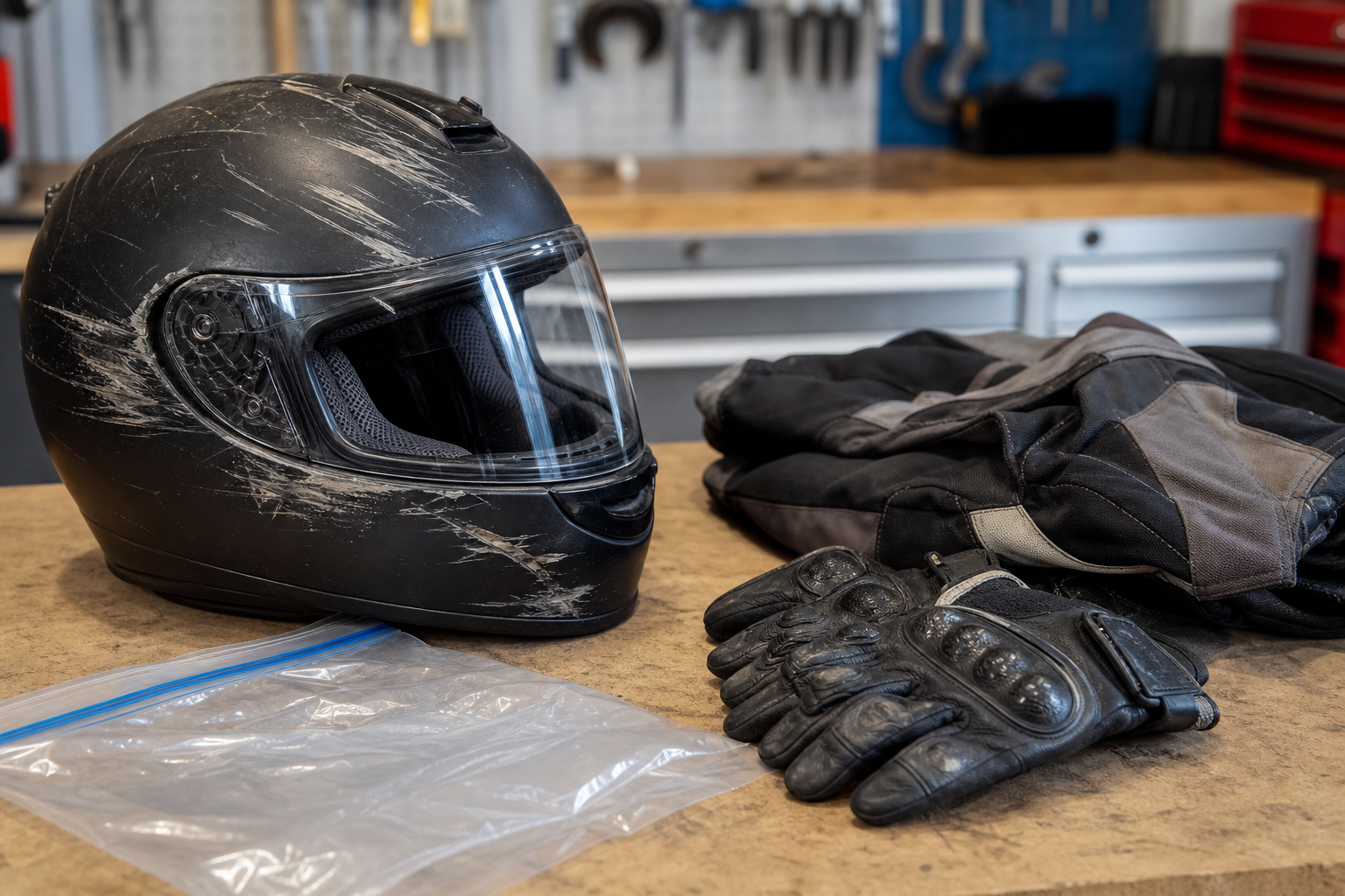Scuffed motorcycle helmet riding jacket and gloves preserved as accident evidence
