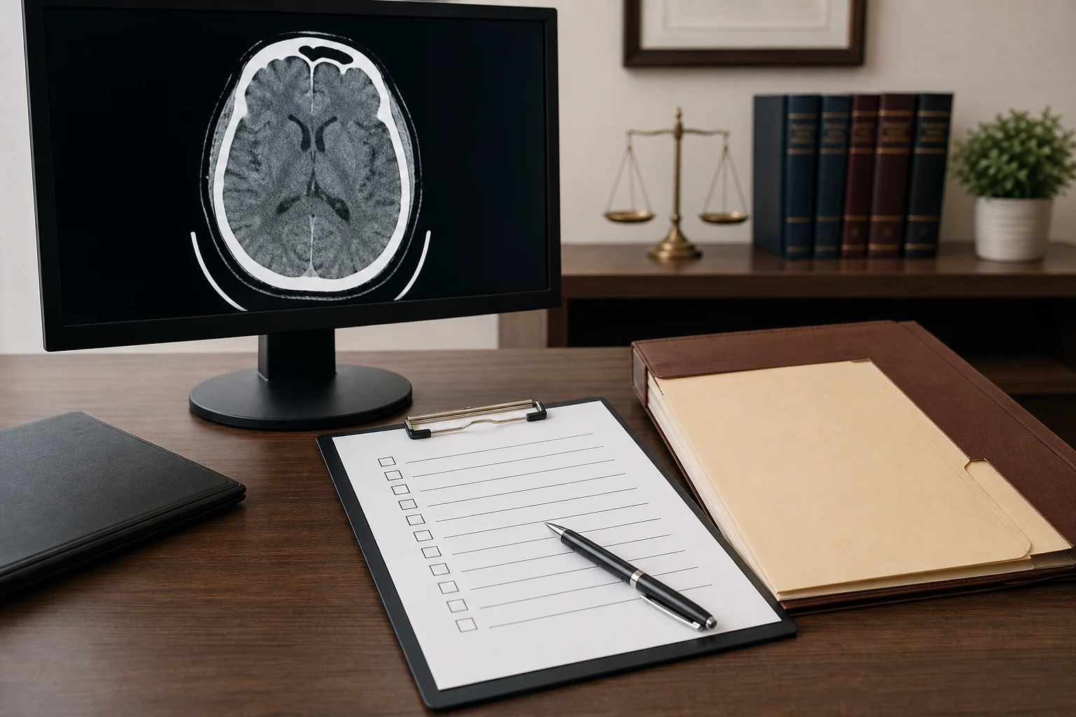 Normal CT scan beside a concussion symptom checklist.