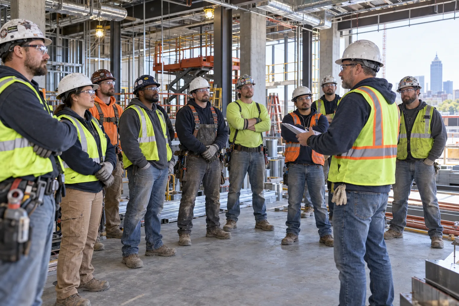 Construction workers from several trades gathered for a site safety briefing in northeast Indiana