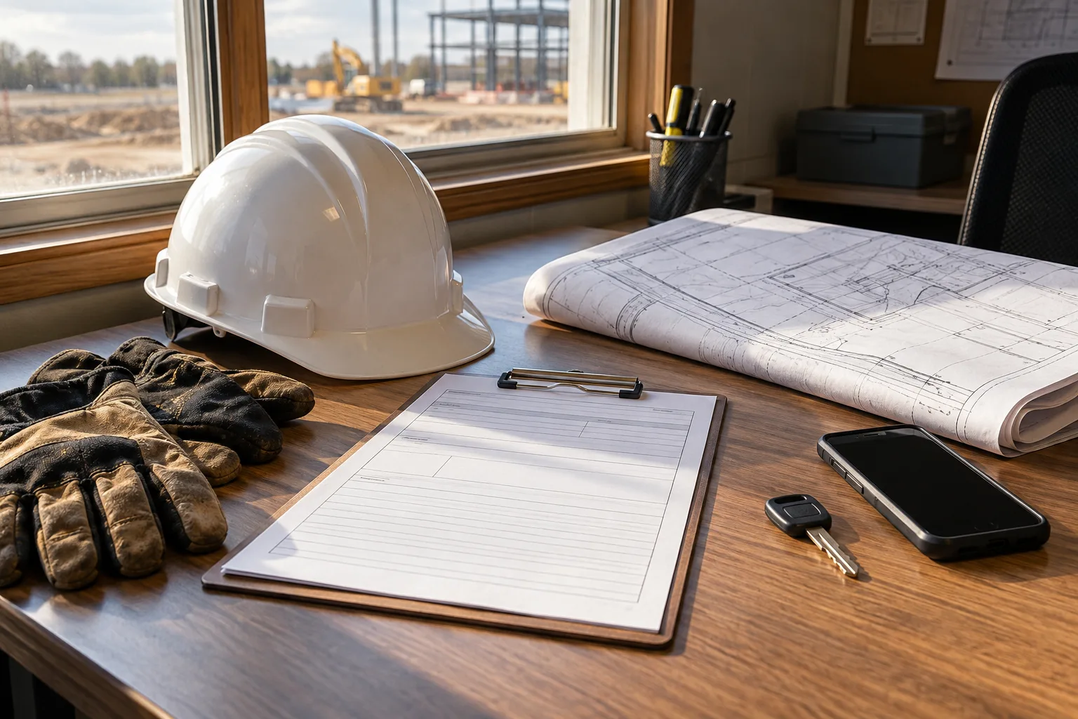 Incident records and construction safety equipment arranged on a site-office desk