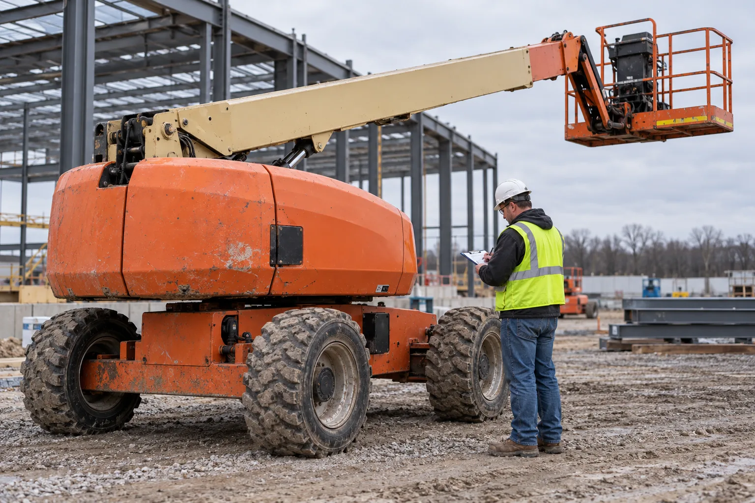Technician documenting a construction lift at an Indiana jobsite