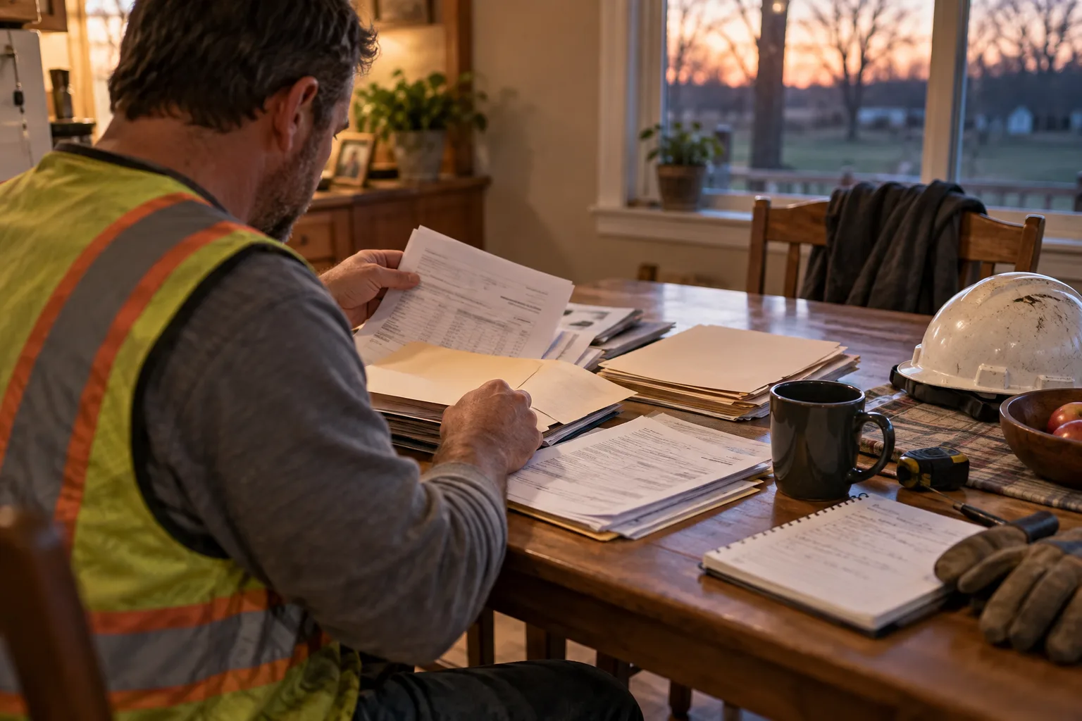 Indiana construction worker organizing claim and medical paperwork at home