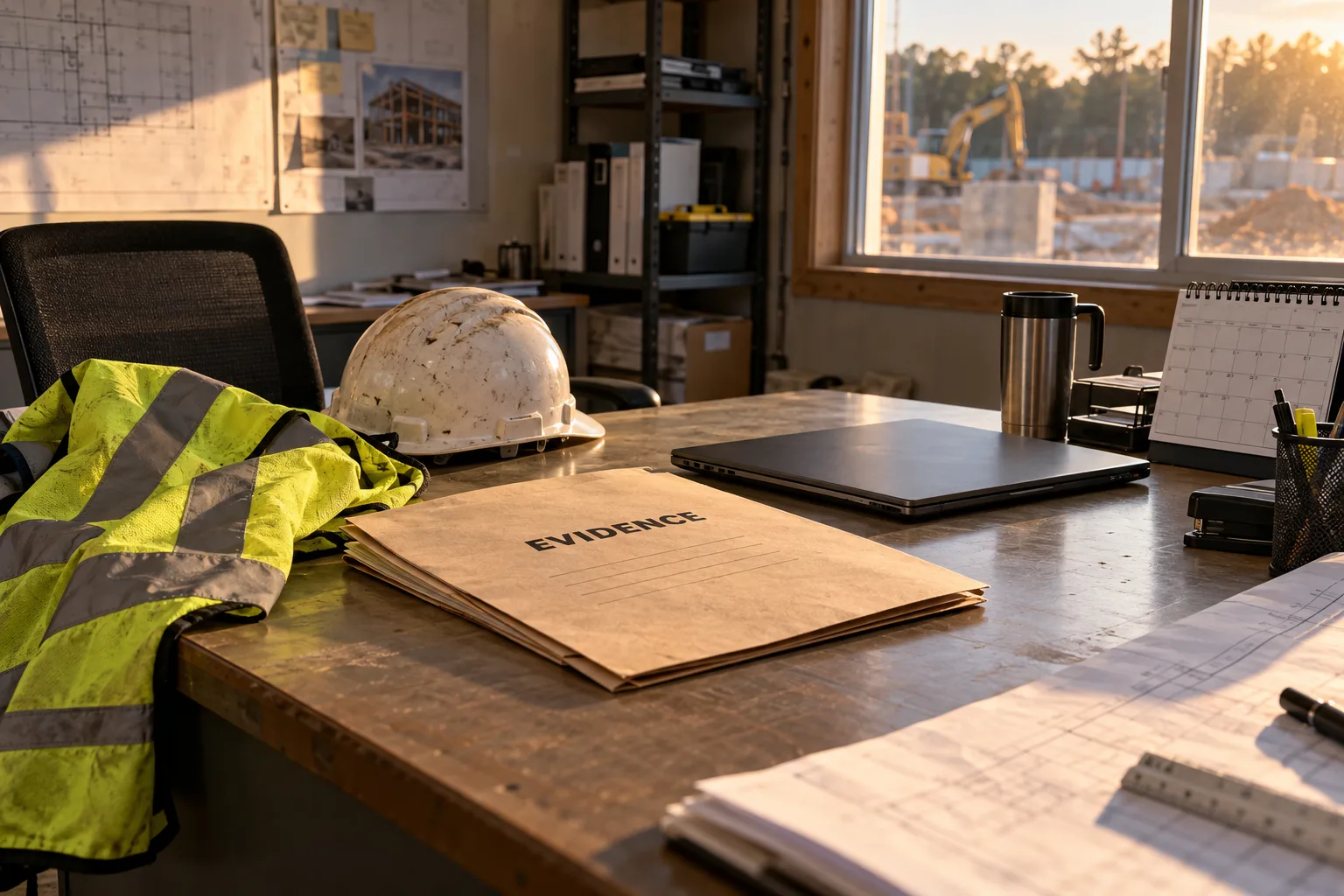 Evidence folder and safety gear in a northeast Indiana construction site office