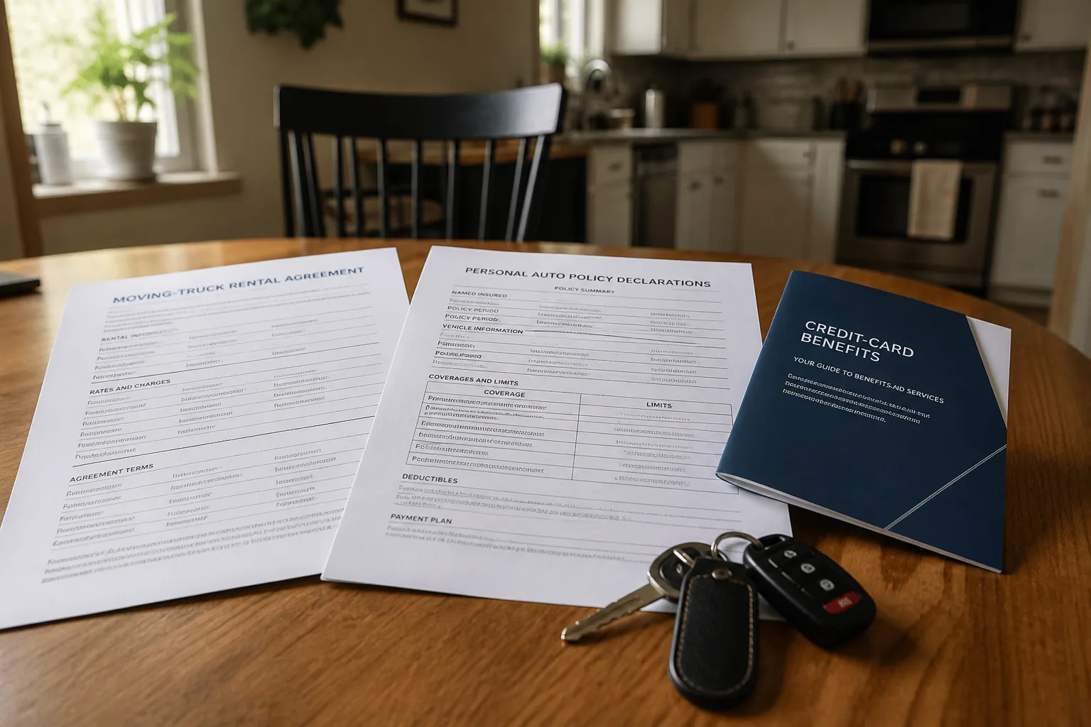 Rental agreement, auto policy papers, benefits guide, and moving-truck keys arranged for review.