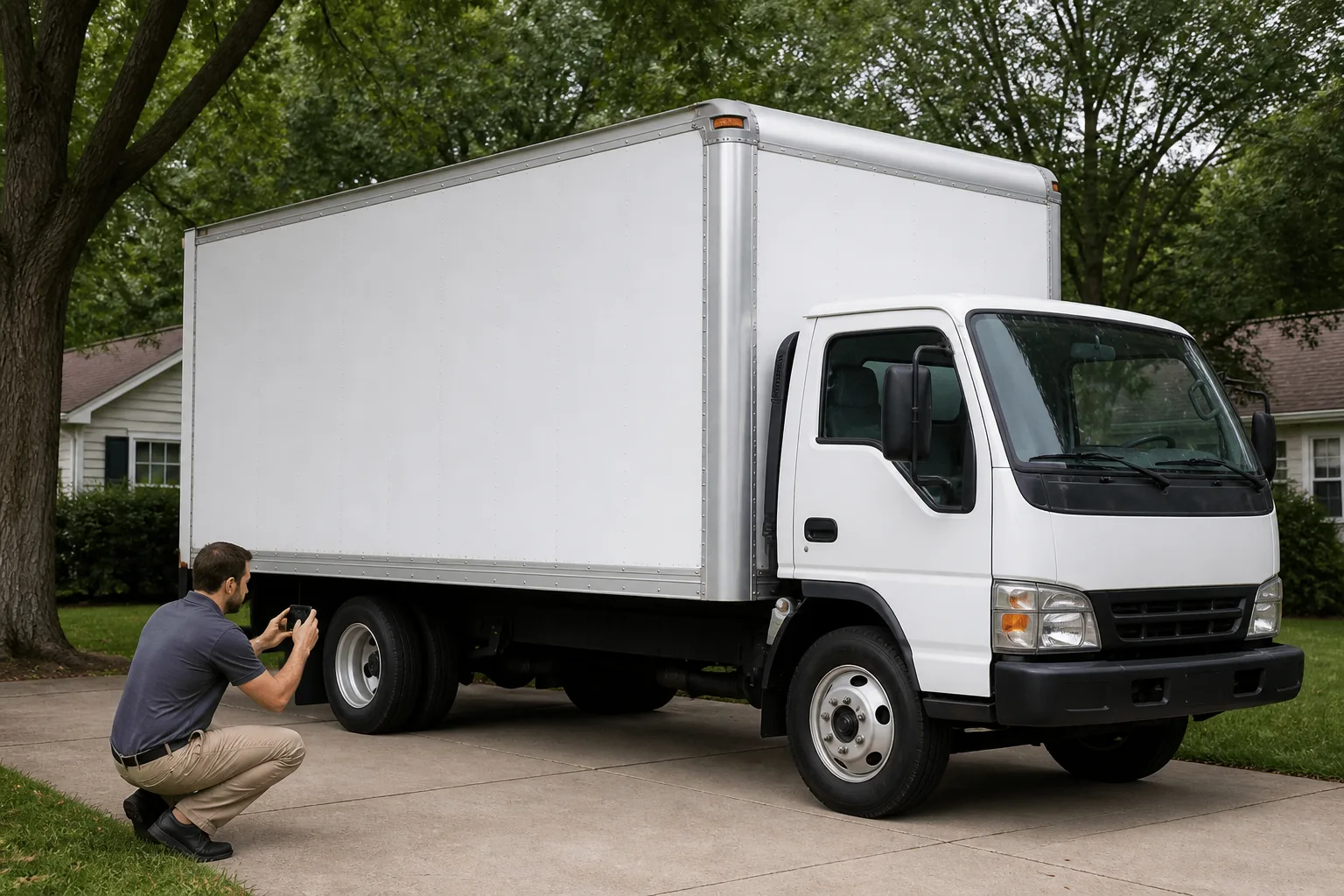 Driver photographing the tires and exterior of a rented moving truck after a collision.
