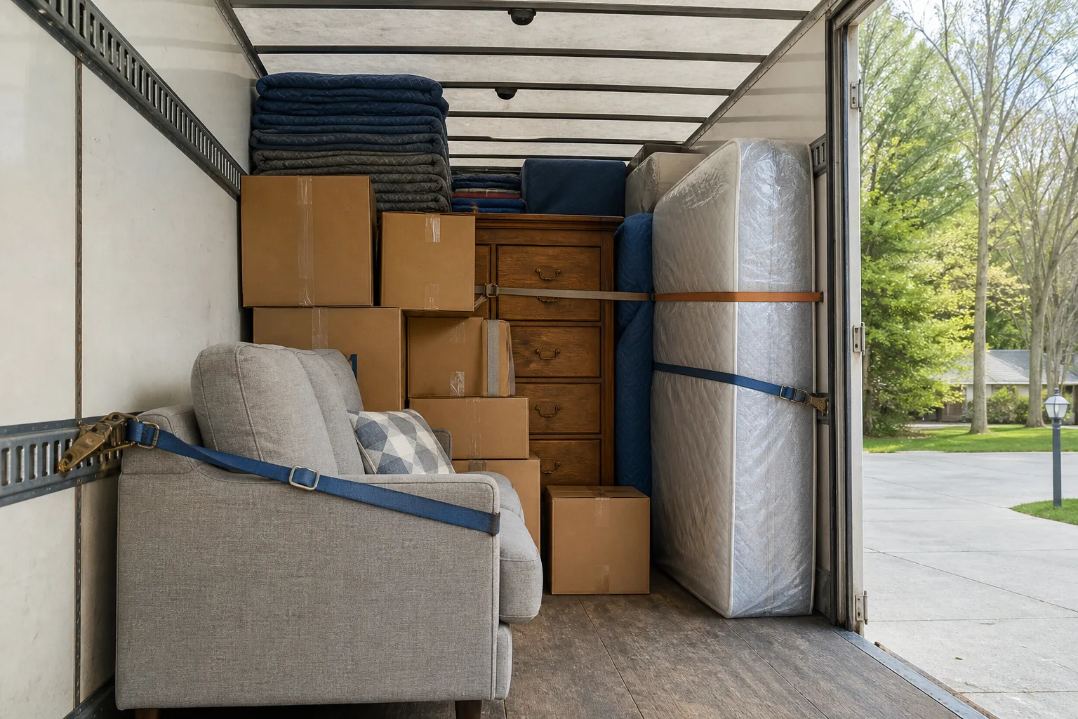 Household boxes and furniture secured inside a rented moving truck.