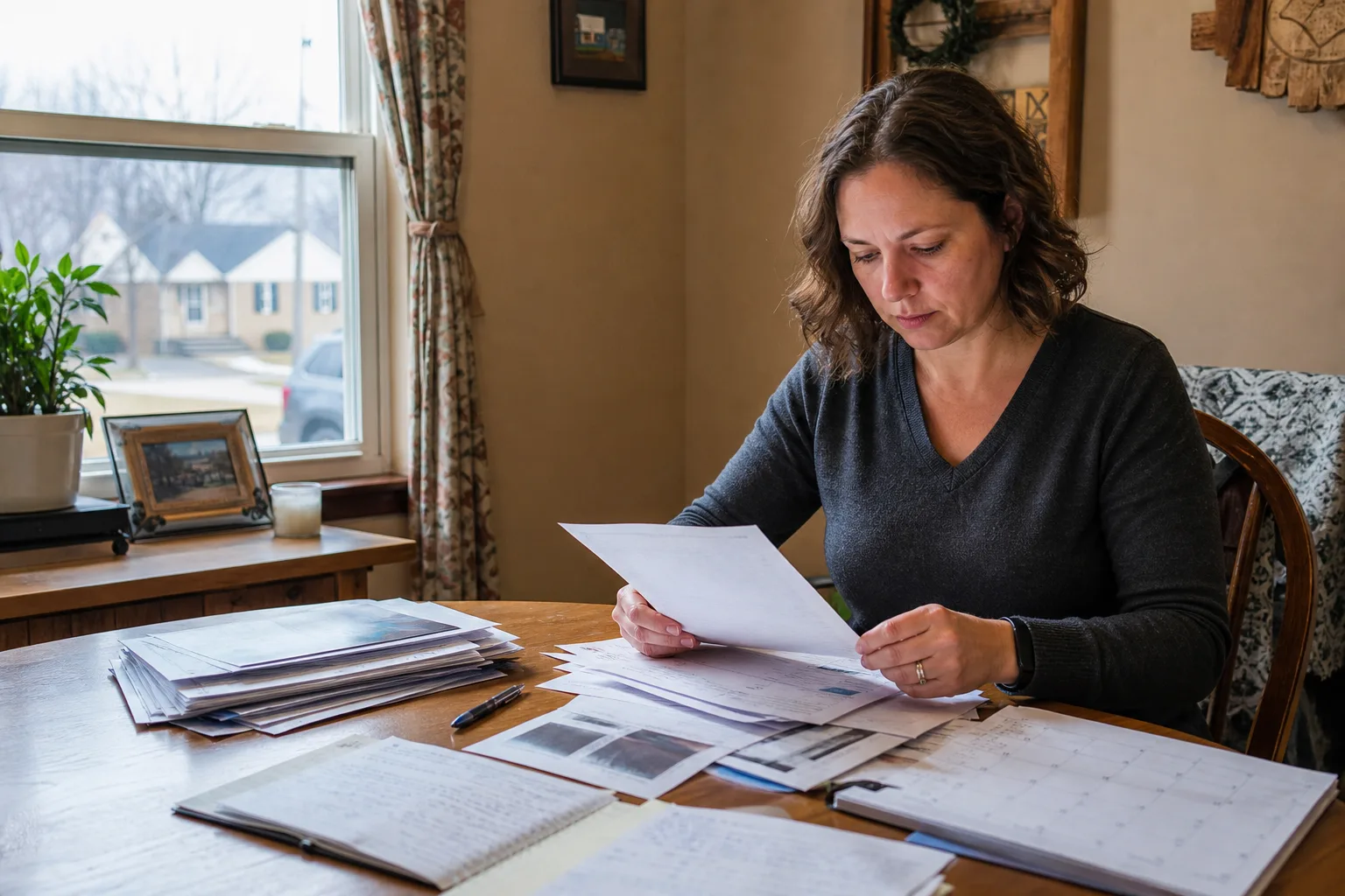 Person organizing moving-truck crash documents and written correspondence at a desk.