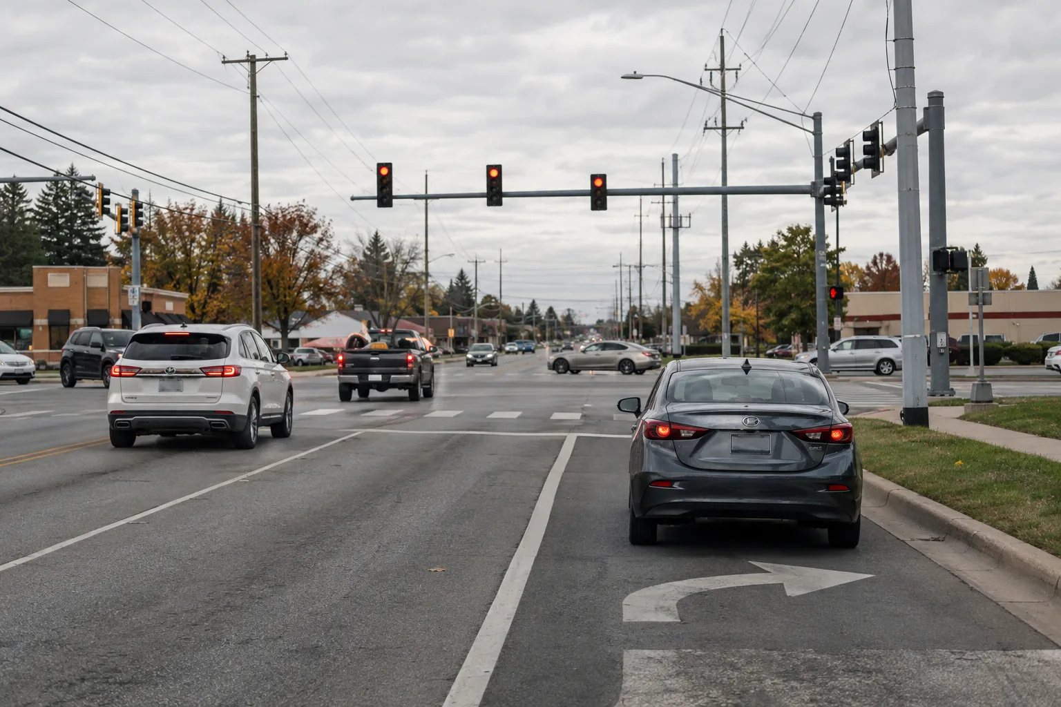 Illustration of a vehicle waiting in a turn lane at an intersection
