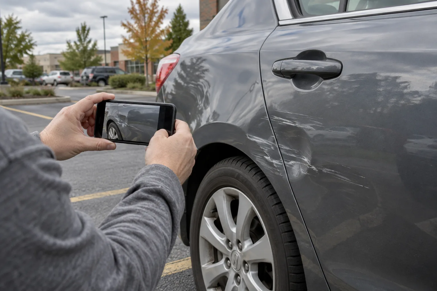 Driver photographing vehicle damage after an Indiana collision