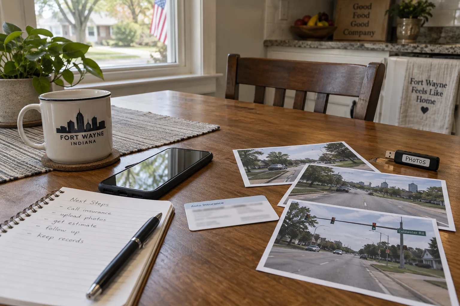 Crash photographs and insurance records organized on a table