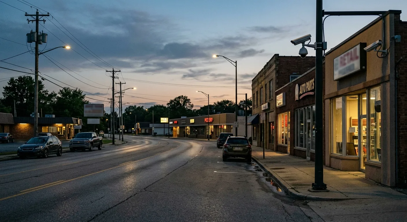 Indiana roadway near businesses with exterior security cameras