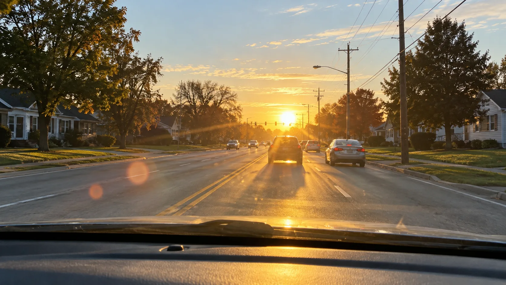 Low morning sun creating glare through a windshield on an Indiana street