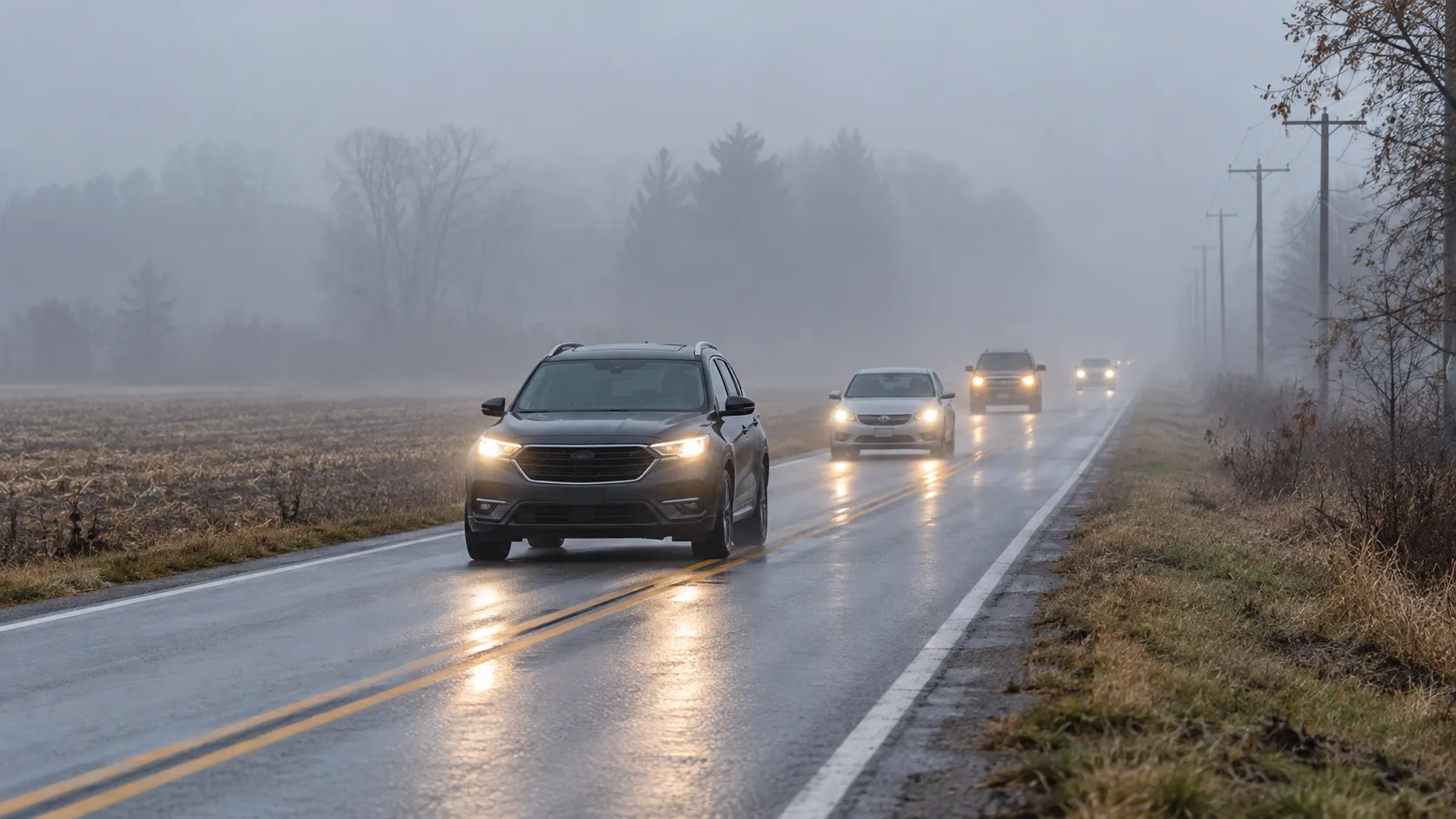 Vehicles using low-beam headlights on a foggy northeast Indiana road