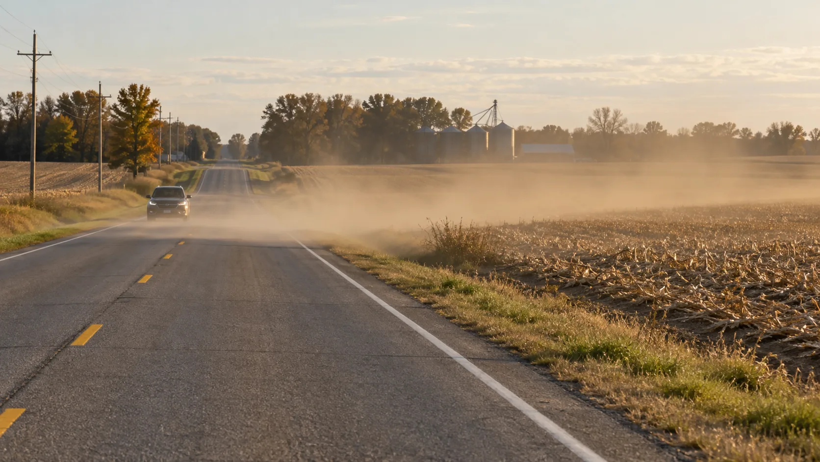 Field dust reducing visibility across a rural Indiana road