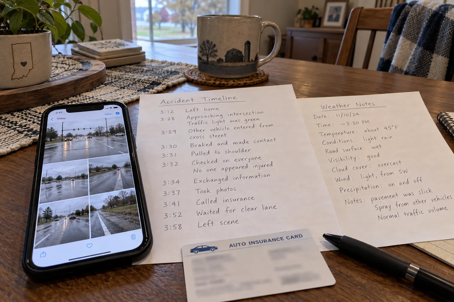 Crash photographs, weather notes, and a timeline organized on a table