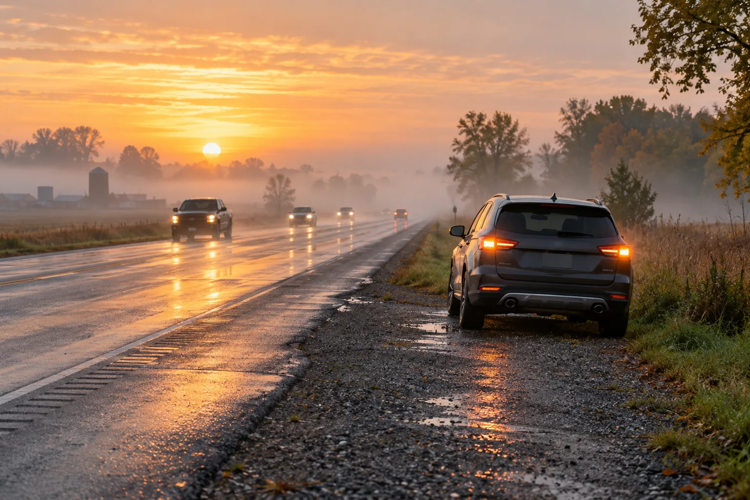 Vehicle safely parked off an Indiana road as morning fog begins to lift