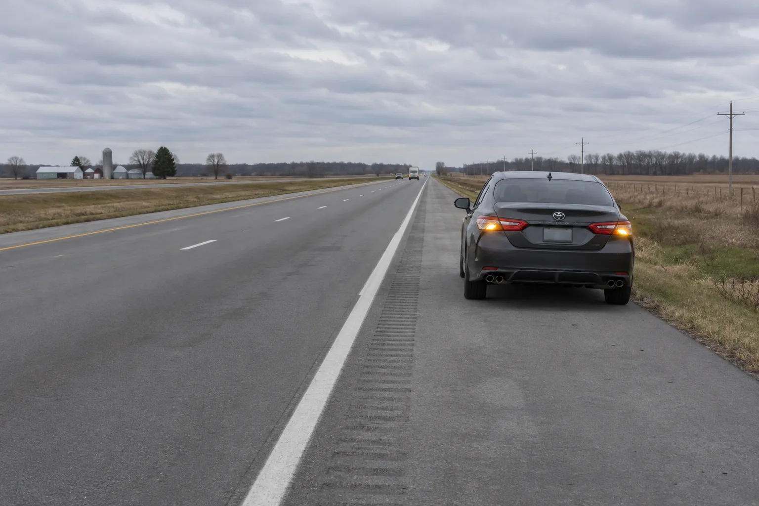 Sedan positioned beyond the white line on a rural Indiana highway shoulder.