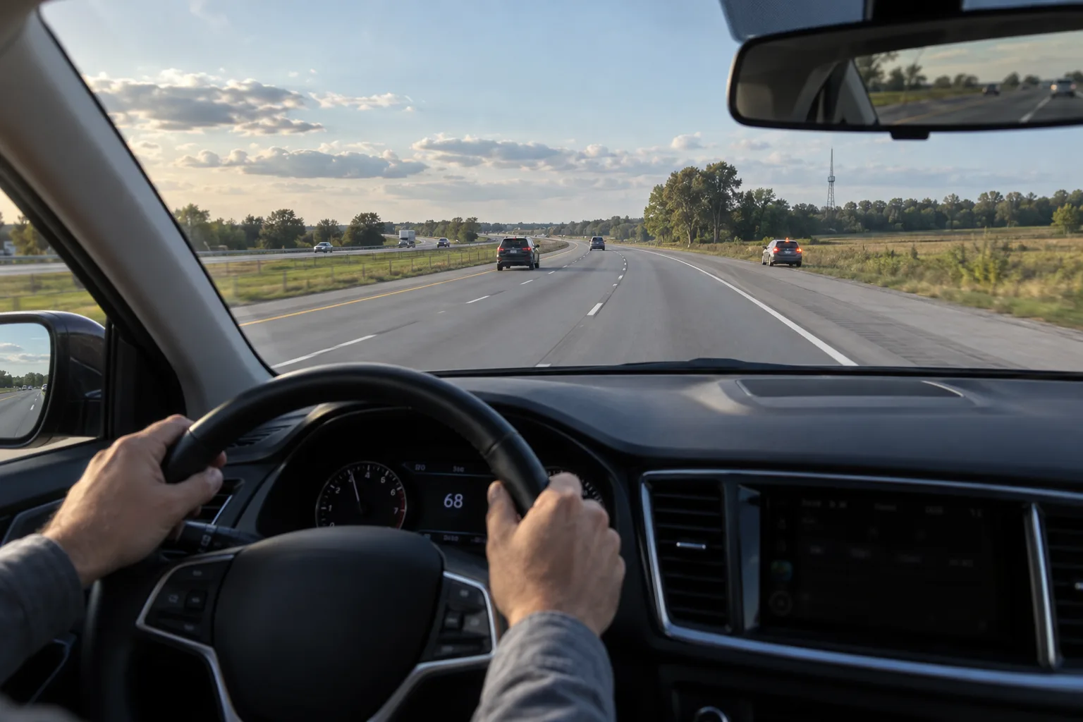 Illustration from inside a car approaching a vehicle stopped on the highway shoulder.