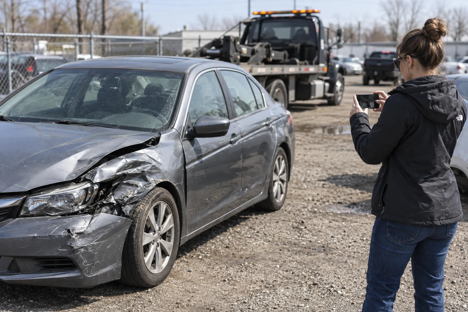 Vehicle owner photographing a car at a Fort Wayne tow yard to preserve evidence.