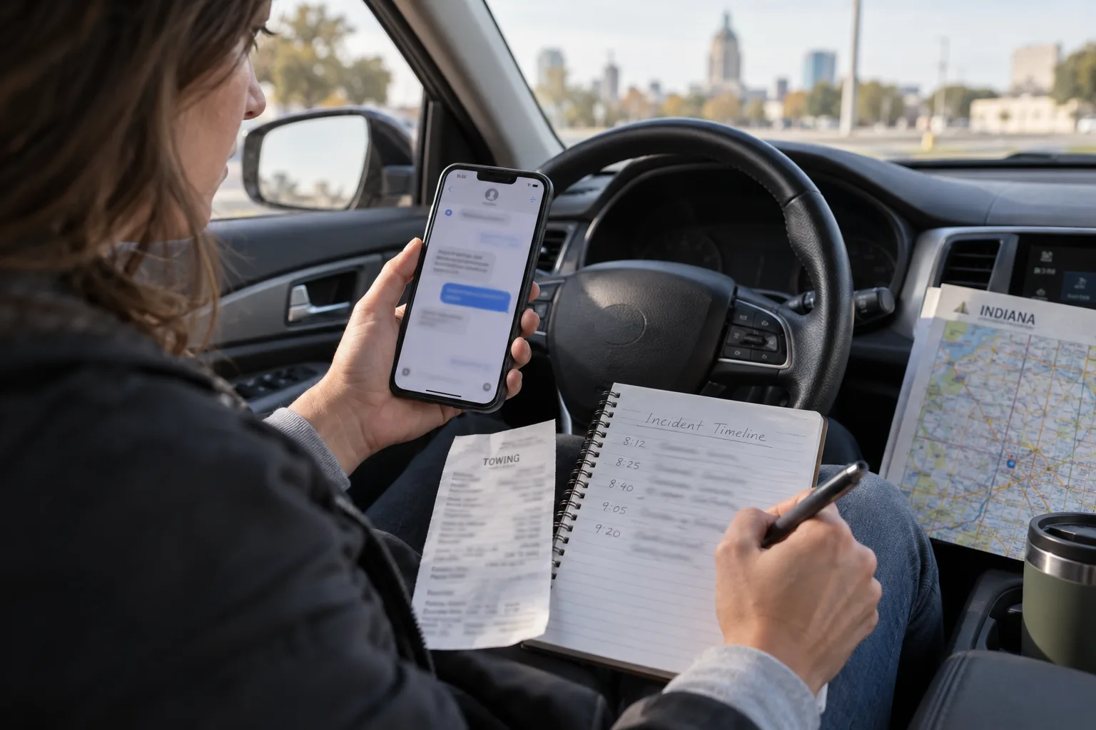 Person organizing roadside-assistance records and a crash timeline inside a parked car.