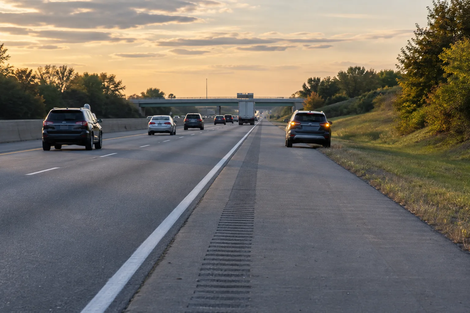 Wide highway shoulder and traffic lanes on a northeast Indiana interstate.