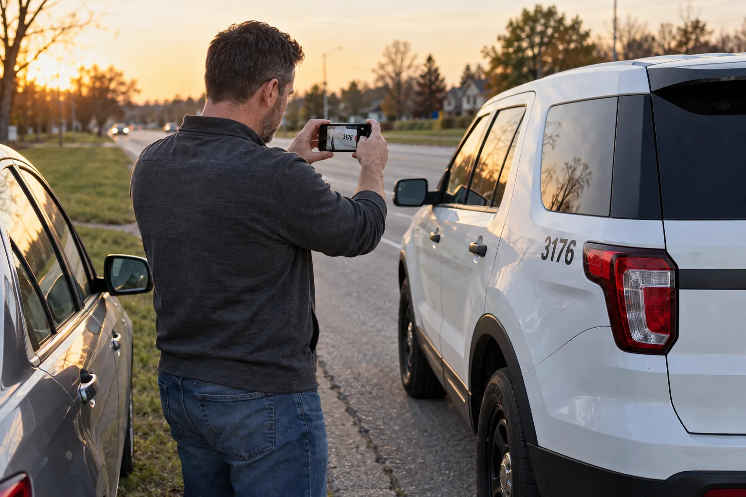 Driver documenting identifying details on a federal-style fleet vehicle in Indiana