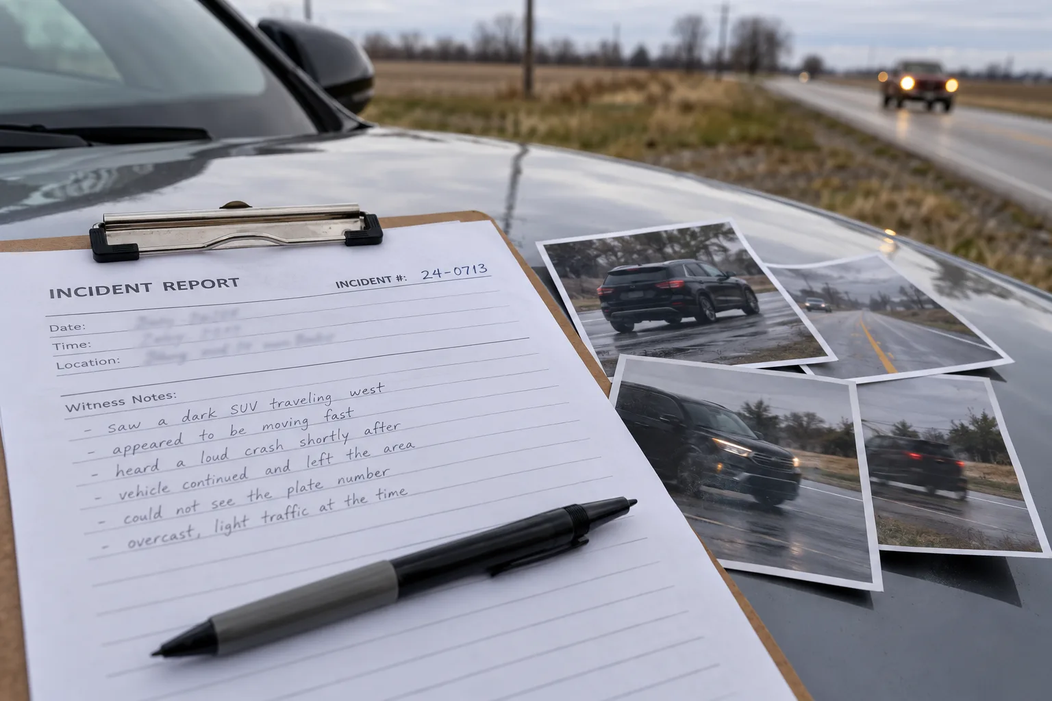 Crash information and photographs being organized on a clipboard